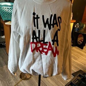 White Sweatshirt with Black and Red Text